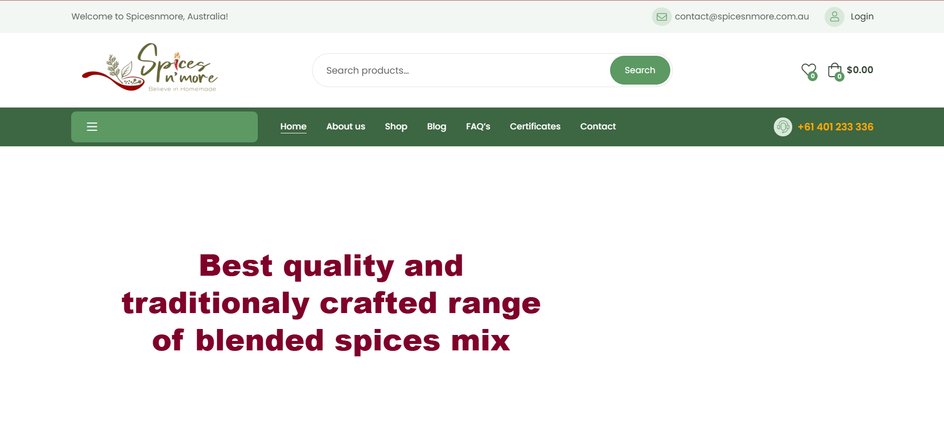 Homepage screenshot of spicesnmore.com.au